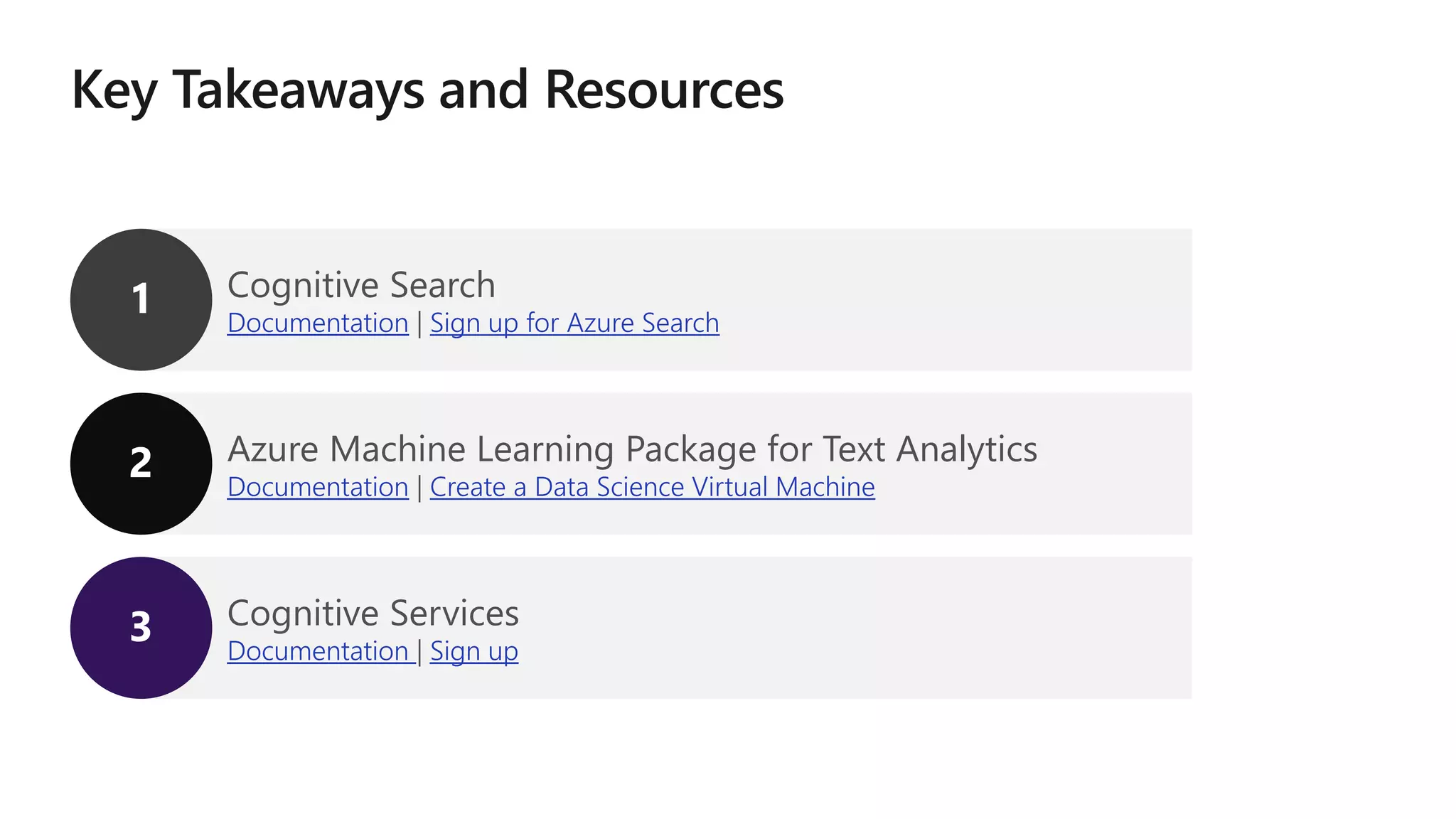 Cognitive Search
Documentation | Sign up for Azure Search
Azure Machine Learning Package for Text Analytics
Documentation | Create a Data Science Virtual Machine
Cognitive Services
Documentation | Sign up
 