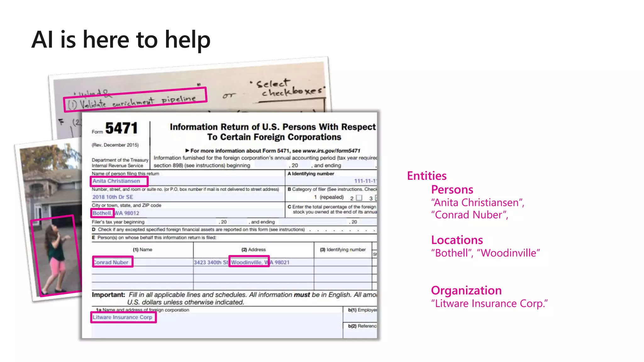Entities
Persons
“Anita Christiansen”,
“Conrad Nuber”,
Locations
“Bothell”, “Woodinville”
Organization
“Litware Insurance Corp.”
 
