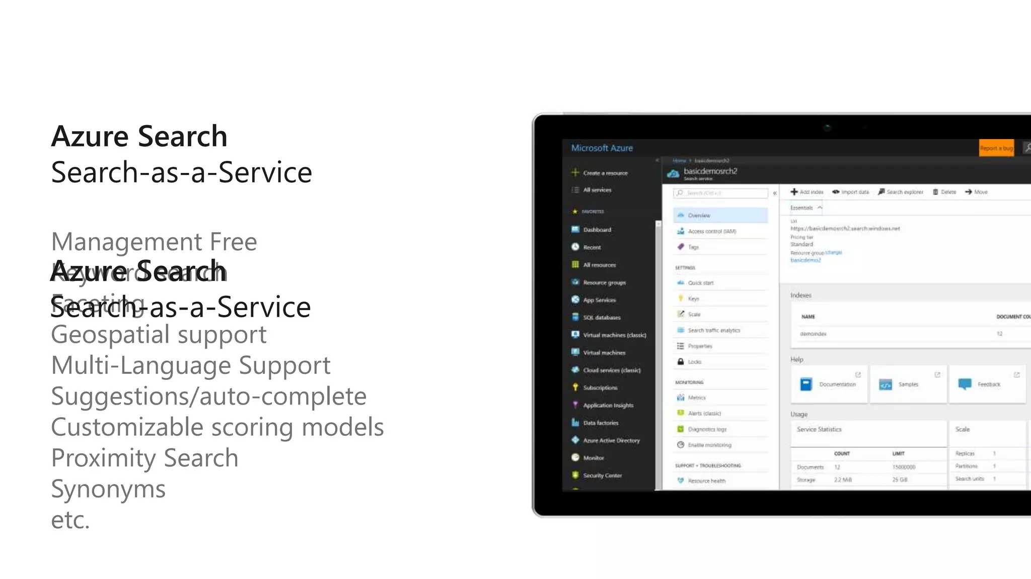 Management Free
Keyword search
Faceting
Geospatial support
Multi-Language Support
Suggestions/auto-complete
Customizable scoring models
Proximity Search
Synonyms
etc.
 