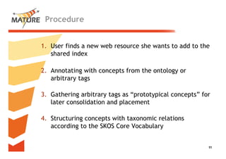 Procedure


1. User f d a new web resource she wants to add to the
        finds       b           h            dd     h
   shared index

2. Annotating with concepts from the ontology or
   arbitrary tags

3. Gathering arbitrary tags as “prototypical concepts” for
            g         y g       p     yp          p
   later consolidation and placement

4. Structuring concepts with taxonomic relations
   according to the SKOS Core Vocabulary


                                                         11
                                                          11
 