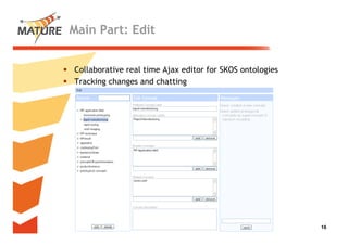 Main Part: Edit


Collaborative real time Aj editor f SKOS ontologies
C ll b    i      l i    Ajax di   for        l i
Tracking changes and chatting




                                                      16
                                                       16
 