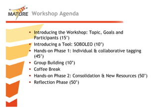 Workshop Agenda


Introducing the Workshop: Topic, Goals and
     d       h      k h              l    d
Participants (15’)
Introducing Tool:
I t d i a T l SOBOLEO (10’)
Hands-on Phase 1: Individual & collaborative tagging
(45 )
(45’)
Group Building (10’)
Coffee Break
Hands-on Phase 2: Consolidation & New Resources (50’)
Reflection Phase (50’)



                                                    3
 