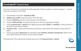 Getting Started with KnowledgeNETKnowledgeNET Treasure Hunt You have 15 minutes to complete the following tasks: Please number on a piece of paper 1 – 10 and write your answers on this sheetFind help file in the Wiki “Edit My Profile”Update your profile using instructions from the WikiFind the Staff Area and list 3 items found in the Staff AreaFind the staff calendar  and write the title of an event on your piece of paperIn the research zone > search find a digital learning object (DLO)  on fractions – write the title of the DLO on your piece of paper.Find your class – under what Zone did you find your class? Write the answer on your piece of paper.Find an area where Resources are stored for both students, teachers and parents? What is this area called? Write the answer on your piece of paper.Finished early? Then spend time finding resources in the Research Zone > Search