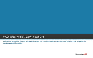 Teaching with Knowledgenet To impart to participants the skills to setup and manage their first KnowledgeNET class, and understand the range of capabilities that KnowledgeNET provides. 