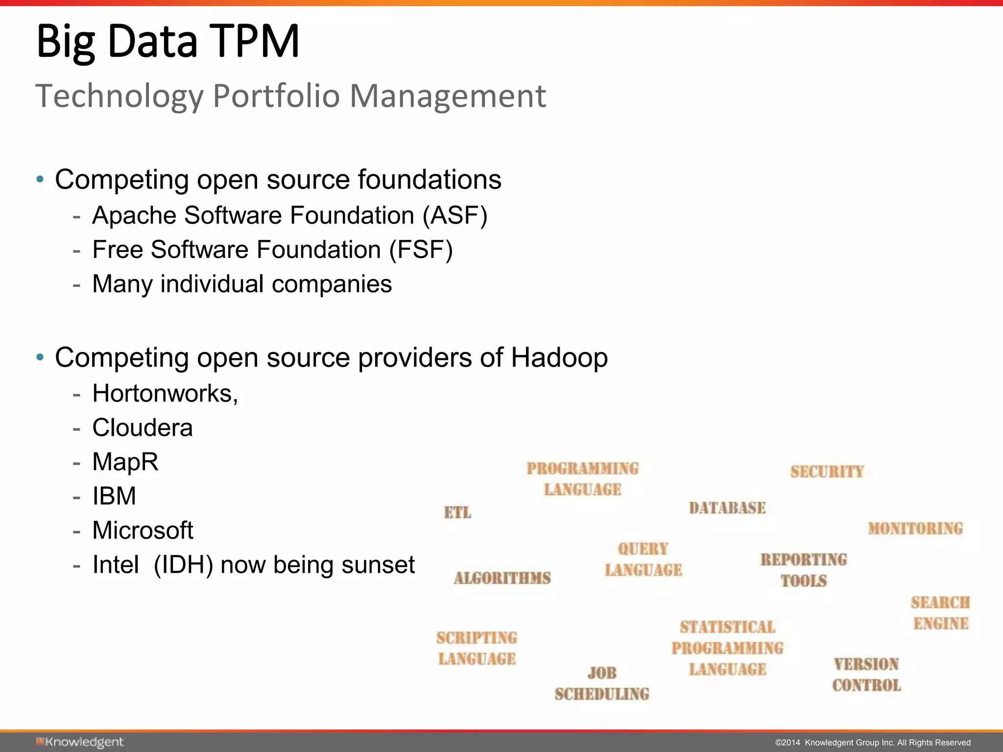 ©2014 Knowledgent Group Inc. All Rights Reserved
• Competing open source foundations
- Apache Software Foundation (ASF)
- Free Software Foundation (FSF)
- Many individual companies
• Competing open source providers of Hadoop
- Hortonworks,
- Cloudera
- MapR
- IBM
- Microsoft
- Intel (IDH) now being sunset
Big Data TPM
Technology Portfolio Management
 