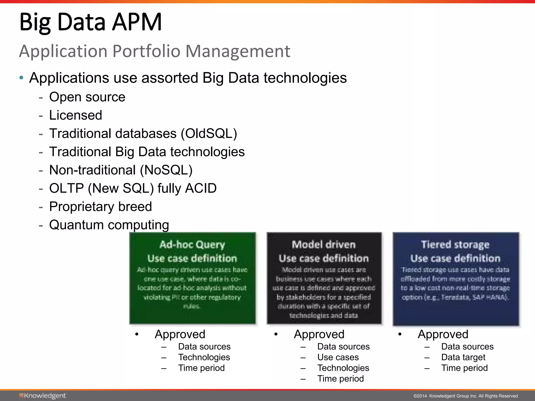 ©2014 Knowledgent Group Inc. All Rights Reserved
• Applications use assorted Big Data technologies
- Open source
- Licensed
- Traditional databases (OldSQL)
- Traditional Big Data technologies
- Non-traditional (NoSQL)
- OLTP (New SQL) fully ACID
- Proprietary breed
- Quantum computing
Big Data APM
Application Portfolio Management
• Approved
– Data sources
– Use cases
– Technologies
– Time period
• Approved
– Data sources
– Technologies
– Time period
• Approved
– Data sources
– Data target
– Time period
 