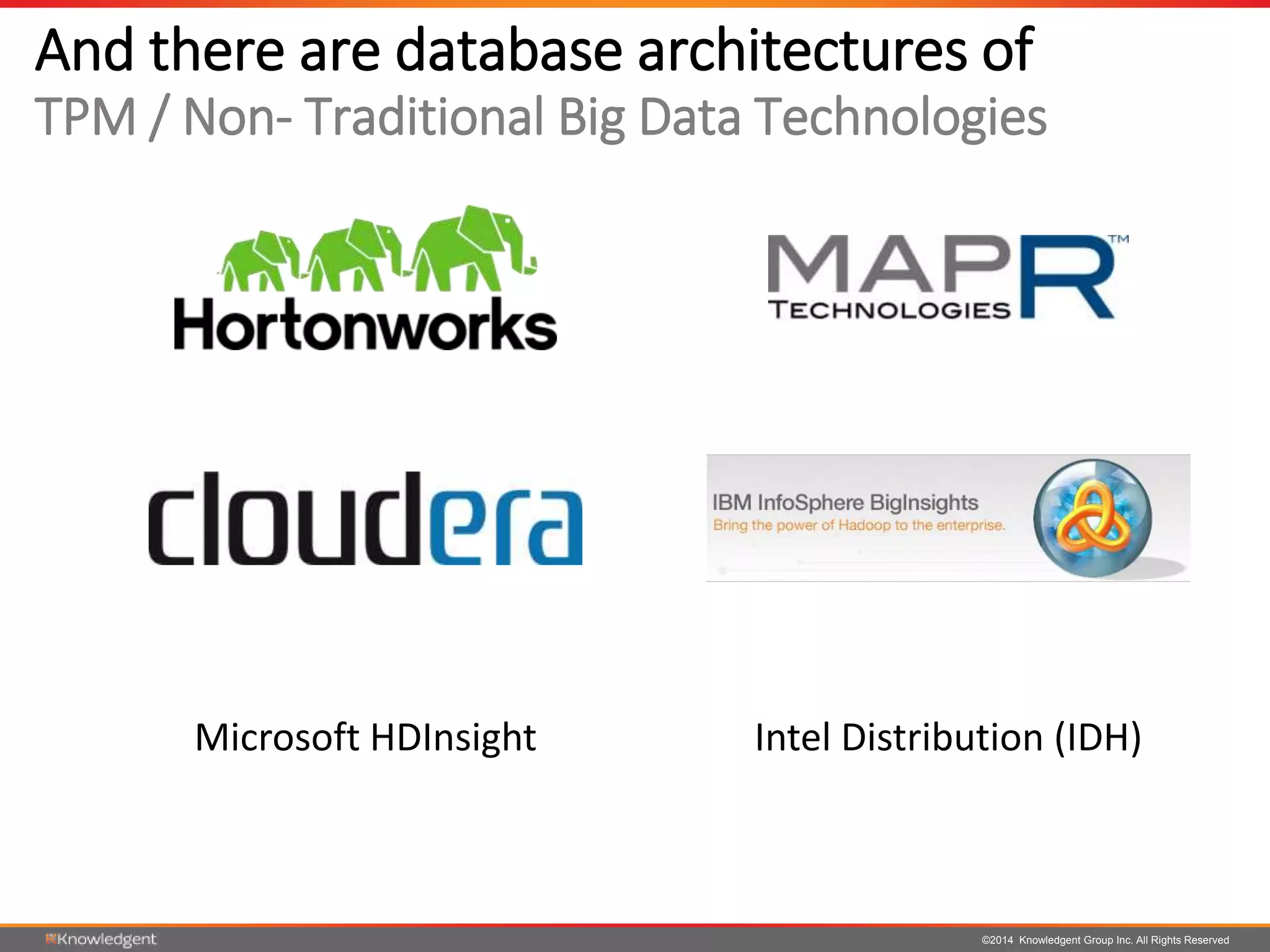 ©2014 Knowledgent Group Inc. All Rights Reserved
Microsoft HDInsight Intel Distribution (IDH)
And there are database architectures of
TPM / Non- Traditional Big Data Technologies
 