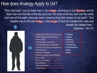 How does Analogy Apply to Us?




            “Man was made in God‟s image (ṣelem) and likeness (dĕmût) which is then
     explained as his having dominion over God‟s creation as vice-regent. Ps 8:5–8 is
 similar citing man‟s God-given glory, honor and rule. God‟s image obviously does not
       consist in man‟s body which was formed from earthly matter, but in his spiritual,
             intellectual, moral likeness to God from whom his animating breath came.”
                                            - Theological Wordbook of the Old Testament
 