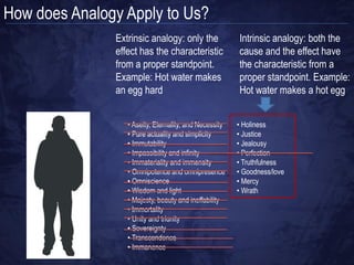 How does Analogy Apply to Us?
 “Then God said, “Let Us make man in Our image, according to Our likeness; and let
    them rule over the fish of the sea and over the birds of the sky and over the cattle
  and over all the earth, and over every creeping thing that creeps on the earth.” God
       created man in His own image, in the image of God He created him; male and
                                                              female He created them.”
                                                                     (Genesis 1:26–27)
                               • Aseity, Eternality, and Necessity   • Holiness
                               • Pure actuality and simplicity       • Justice
                               • Immutability                        • Jealousy
                               • Impassibility and infinity          • Perfection
                               • Immateriality and immensity         • Truthfulness
                               • Omnipotence and omnipresence        • Goodness/love
                               • Omniscience                         • Mercy
                               • Wisdom and light                    • Wrath
                               • Majesty, beauty and ineffability
                               • Immortality
                               • Unity and triunity
                               • Sovereignty
                               • Transcendence
                               • Immanence
 