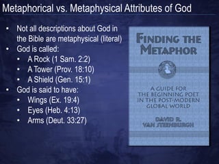 How does Analogy Apply to Us?
               Extrinsic analogy: only the              Intrinsic analogy: both the
               effect has the characteristic            cause and the effect have
               from a proper standpoint.                the characteristic from a
               Example: Hot water makes                 proper standpoint. Example:
               an egg hard                              Hot water makes a hot egg


                  • Aseity, Eternality, and Necessity   • Holiness
                  • Pure actuality and simplicity       • Justice
                  • Immutability                        • Jealousy
                  • Impassibility and infinity          • Perfection
                  • Immateriality and immensity         • Truthfulness
                  • Omnipotence and omnipresence        • Goodness/love
                  • Omniscience                         • Mercy
                  • Wisdom and light                    • Wrath
                  • Majesty, beauty and ineffability
                  • Immortality
                  • Unity and triunity
                  • Sovereignty
                  • Transcendence
                  • Immanence
 