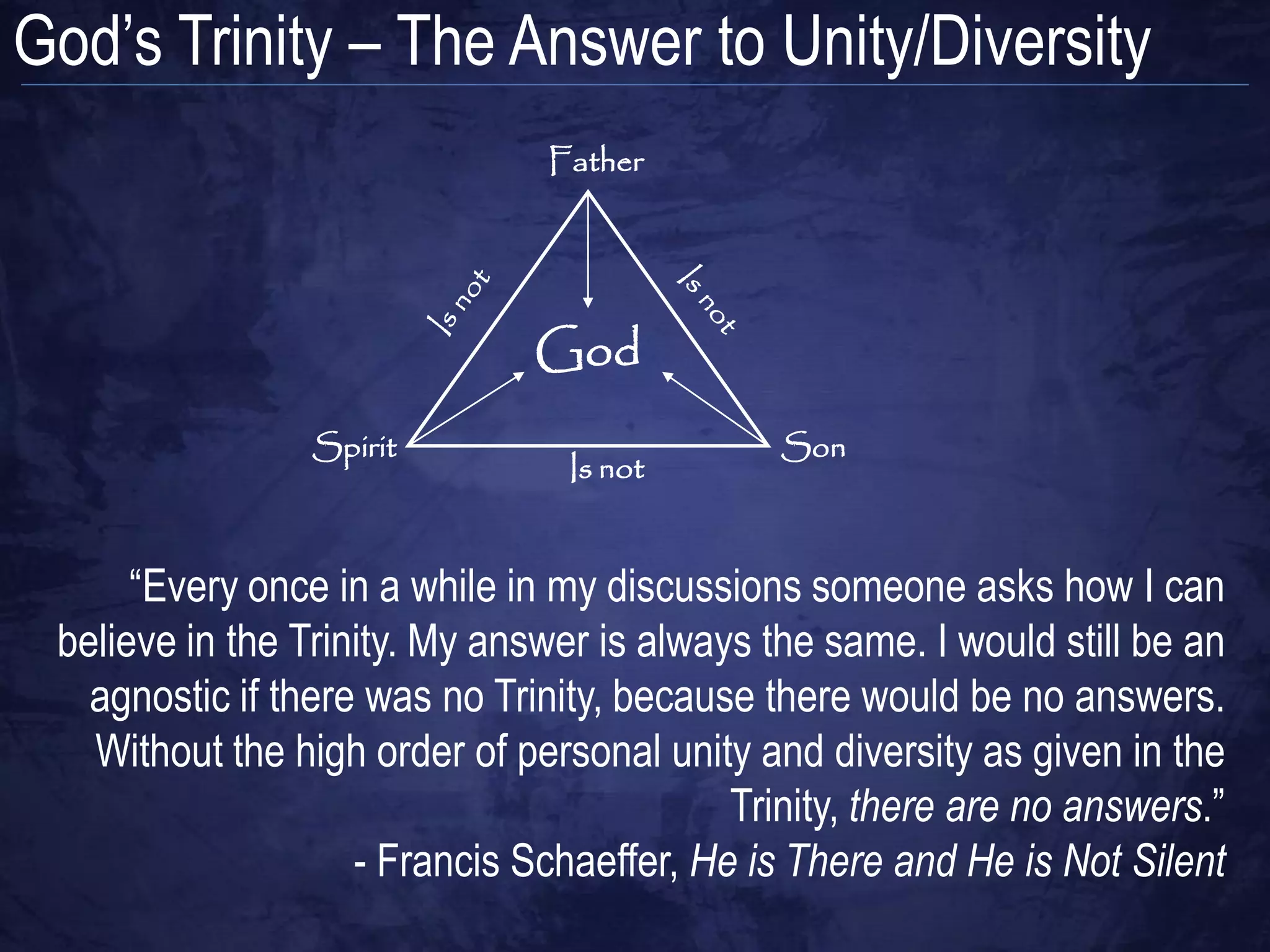 God‟s Trinity – The Answer to Unity/Diversity
                               Father




                              God
                Spirit                        Son
                                 Is not


      “Every once in a while in my discussions someone asks how I can
 believe in the Trinity. My answer is always the same. I would still be an
   agnostic if there was no Trinity, because there would be no answers.
   Without the high order of personal unity and diversity as given in the
                                           Trinity, there are no answers.”
                    - Francis Schaeffer, He is There and He is Not Silent
 