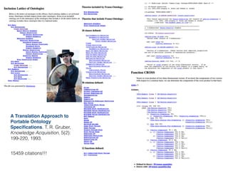 A Translation Approach to
Portable Ontology
Speciﬁcations. T. R. Gruber,
Knowledge Acquisition, 5(2):
199-220, 1993.
15459 citations!!!
 