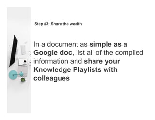 In a document as simple as a
Google doc, list all of the compiled
information and share your
Knowledge Playlists with
coll...