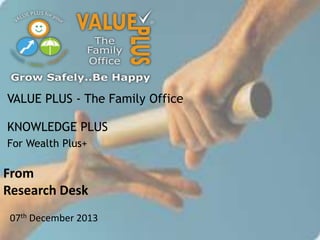 VALUE PLUS - The Family Office
KNOWLEDGE PLUS
For Wealth Plus+

From
Research Desk
07th December 2013

 