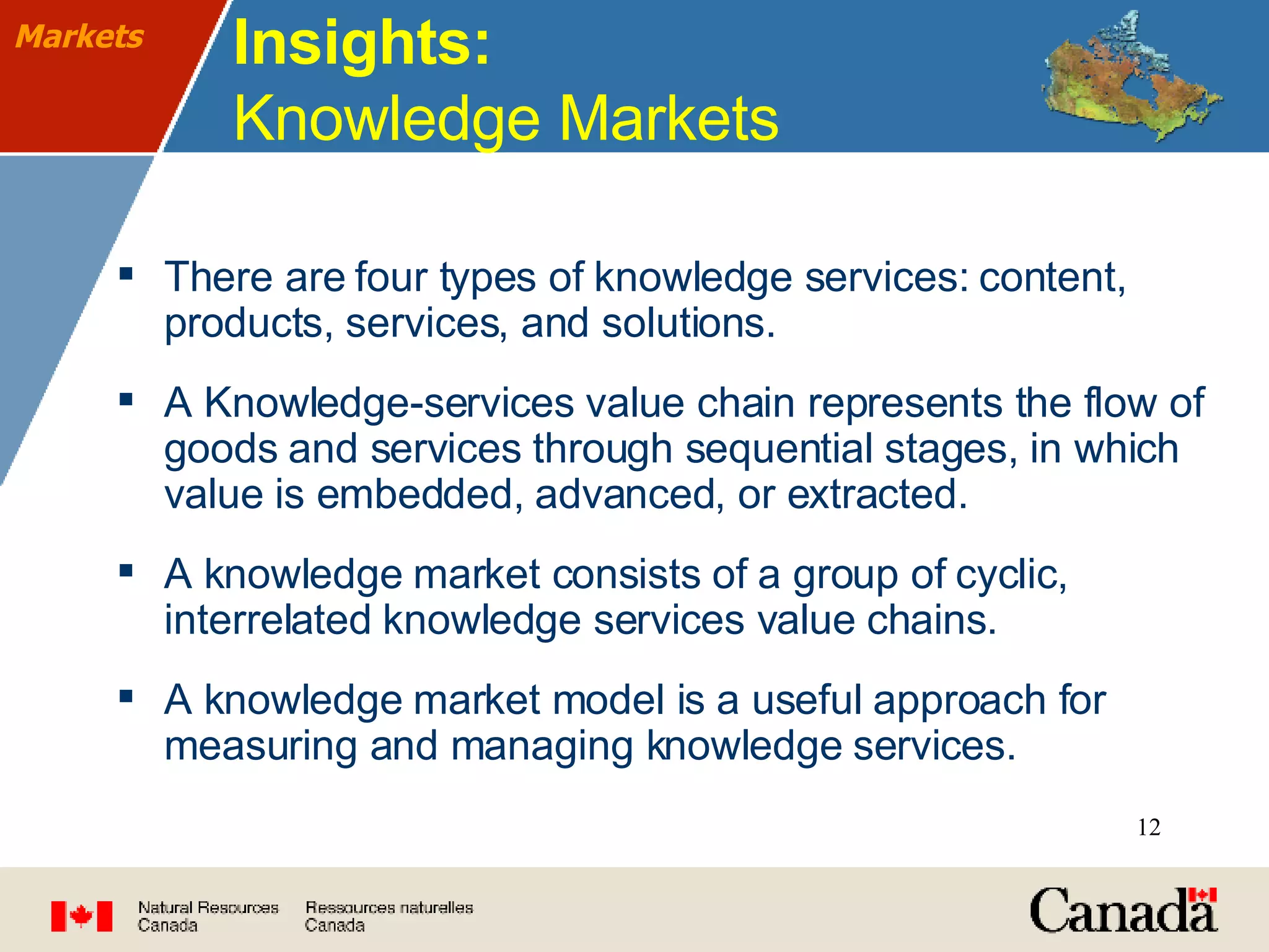 Insights:  Knowledge Markets There are four types of knowledge services: content, products, services, and solutions. A Knowledge-services value chain represents the flow of goods and services through sequential stages, in which value is embedded, advanced, or extracted. A knowledge market consists of a group of cyclic, interrelated knowledge services value chains. A knowledge market model is a useful approach for measuring and managing knowledge services. Markets 