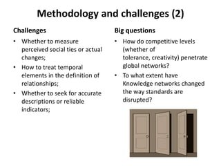Methodology and challenges (2)
Challenges
• Whether to measure
perceived social ties or actual
changes;
• How to treat temporal
elements in the definition of
relationships;
• Whether to seek for accurate
descriptions or reliable
indicators;
Big questions
• How do competitive levels
(whether of
tolerance, creativity) penetrate
global networks?
• To what extent have
Knowledge networks changed
the way standards are
disrupted?
 