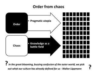 Order from chaos
• Pragmatic utopia
Order
• Knowledge as a
battle fieldChaos
?In the great blooming, buzzing confusion of the outer world, we pick
out what our culture has already defined for us - Walter Lippmann ?
 