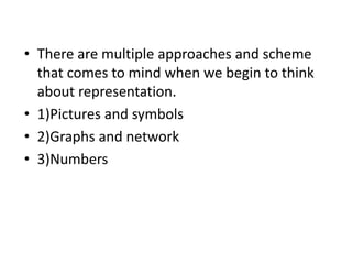 • There are multiple approaches and scheme
that comes to mind when we begin to think
about representation.
• 1)Pictures and symbols
• 2)Graphs and network
• 3)Numbers
 