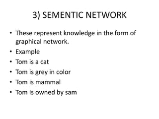 3) SEMENTIC NETWORK
• These represent knowledge in the form of
graphical network.
• Example
• Tom is a cat
• Tom is grey in color
• Tom is mammal
• Tom is owned by sam
 