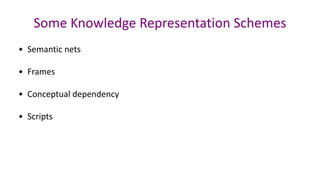 Some Knowledge Representation Schemes
• Semantic nets
• Frames
• Conceptual dependency
• Scripts
 