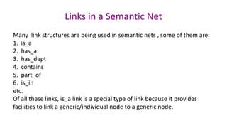 Links in a Semantic Net
Many link structures are being used in semantic nets , some of them are:
1. is_a
2. has_a
3. has_dept
4. contains
5. part_of
6. is_in
etc.
Of all these links, is_a link is a special type of link because it provides
facilities to link a generic/individual node to a generic node.
 