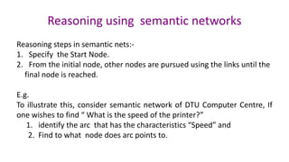 Reasoning using semantic networks
Reasoning steps in semantic nets:-
1. Specify the Start Node.
2. From the initial node, other nodes are pursued using the links until the
final node is reached.
E.g.
To illustrate this, consider semantic network of DTU Computer Centre, If
one wishes to find “ What is the speed of the printer?”
1. identify the arc that has the characteristics “Speed” and
2. Find to what node does arc points to.
 