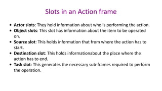 Slots in an Action frame
• Actor slots: They hold information about who is performing the action.
• Object slots: This slot has information about the item to be operated
on.
• Source slot: This holds information that from where the action has to
start.
• Destination slot: This holds informationabout the place where the
action has to end.
• Task slot: This generates the necessary sub-frames required to perform
the operation.
 