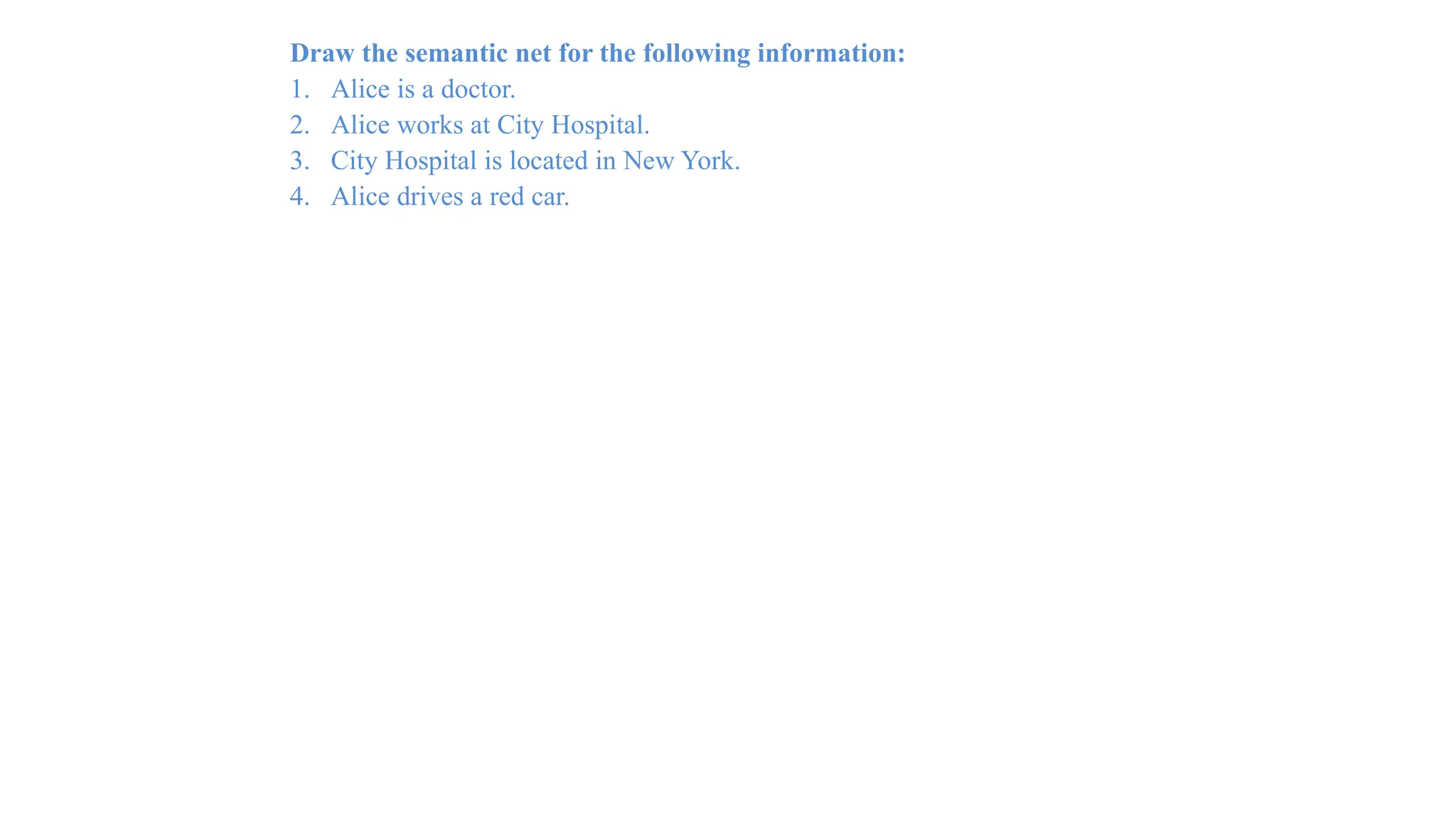 Draw the semantic net for the following information:
1. Alice is a doctor.
2. Alice works at City Hospital.
3. City Hospital is located in New York.
4. Alice drives a red car.
 