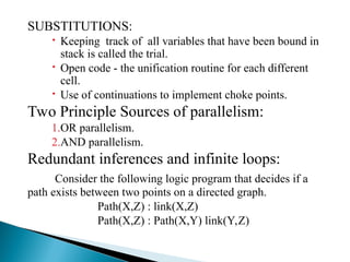 SUBSTITUTIONS:
 Keeping track of all variables that have been bound in
stack is called the trial.
 Open code - the unification routine for each different
cell.
 Use of continuations to implement choke points.
Two Principle Sources of parallelism:
1.OR parallelism.
2.AND parallelism.
Redundant inferences and infinite loops:
Consider the following logic program that decides if a
path exists between two points on a directed graph.
Path(X,Z) : link(X,Z)
Path(X,Z) : Path(X,Y) link(Y,Z)
 