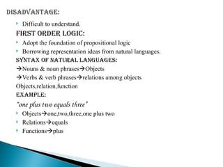  Difficult to understand.
FIRST ORDER LOGIC:
 Adopt the foundation of propositional logic
 Borrowing representation ideas from natural languages.
SYNTAX OF NATURAL LANGUAGES:
Nouns & noun phrasesObjects
Verbs & verb phrasesrelations among objects
Objects,relation,function
EXAMPLE:
“one plus two equals three”
 Objectsone,two,three,one plus two
 Relationsequals
 Functionsplus
 