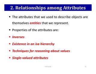 2. Relationships among Attributes
 The attributes that we used to describe objects are
themselves entities that we represent.
 Properties of the attributes are:
 Inverses
 Inverses
 Existence in an isa hierarchy
 Techniques for reasoning about values
 Single-valued attributes
K N Hande 31
 