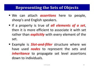 Representing the Sets of Objects
 We can attach assertions here to people,
sheep's and English speakers.
 If a property is true of all elements of a set,
then it is more efficient to associate it with set
rather than explicitly with every element of the
rather than explicitly with every element of the
set.
 Example is Slot-and-filler structure where we
have used nodes to represent the sets and
inheritance to propagate set level assertions
down to individuals.
K N Hande 49
 