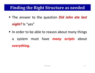 Finding the Right Structure as needed
 The answer to the question Did John ate last
night? Is “yes”
 In order to be able to reason about many things
a system must have many scripts about
a system must have many scripts about
everything.
K N Hande 54
 