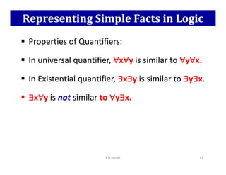 Representing Simple Facts in Logic
 Properties of Quantifiers:
 In universal quantifier, ∀
∀
∀
∀x∀
∀
∀
∀y is similar to ∀
∀
∀
∀y∀
∀
∀
∀x.
 In Existential quantifier, ∃
∃
∃
∃x∃
∃
∃
∃y is similar to ∃
∃
∃
∃y∃
∃
∃
∃x.
∃
∃
∃
∃ ∀
∀
∀
∀ ∀
∀
∀
∀ ∃
∃
∃
∃
∃
∃
∃
∃ ∃
∃
∃
∃ ∃
∃
∃
∃ ∃
∃
∃
∃
 ∃
∃
∃
∃x∀
∀
∀
∀y is not similar to ∀
∀
∀
∀y∃
∃
∃
∃x.
K N Hande 81
 