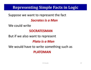Representing Simple Facts in Logic
Suppose we want to represent the fact
Socrates is a Man
We could write
SOCRATESMAN
But if we also want to represent
But if we also want to represent
Plato is a Man
We would have to write something such as
PLATOMAN
K N Hande 87
 