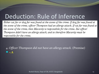 Rushdi Shams, Dept of CSE, KUET, Bangladesh 19
Deduction: Rule of Inference
4. Officer Thompson did not have an allergy attack. (Premise)
¬ A
 