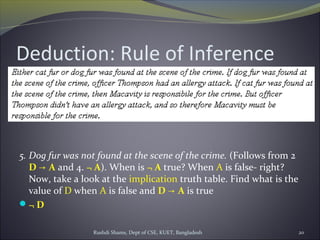 Rushdi Shams, Dept of CSE, KUET, Bangladesh 20
Deduction: Rule of Inference
5. Dog fur was not found at the scene of the crime. (Follows from 2
D A→ and 4. ¬ A). When is ¬ A true? When A is false- right?
Now, take a look at the implication truth table. Find what is the
value of D when A is false and D A→ is true
¬ D
 