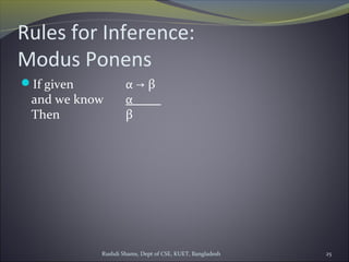 Rushdi Shams, Dept of CSE, KUET, Bangladesh 25
Rules for Inference:
Modus Ponens
If given α β→
and we know α
Then β
 