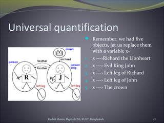 Rushdi Shams, Dept of CSE, KUET, Bangladesh 47
Universal quantification
 Remember, we had five
objects, let us replace them
with a variable x-
1. x ―›Richard the Lionheart
2. x ―› Evil King John
3. x ―› Left leg of Richard
4. x ―› Left leg of John
5. x ―› The crown
 
