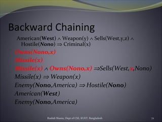 Rushdi Shams, Dept of CSE, KUET, Bangladesh 72
Backward Chaining
American(West) ∧ Weapon(y) ∧ Sells(West,y,z) ∧
Hostile(Nono) ⇒ Criminal(x)
Owns(Nono,x)
Missile(x)
Missile(x) ∧ Owns(Nono,x) ⇒Sells(West,x,Nono)
Missile(x) ⇒ Weapon(x)
Enemy(Nono,America) ⇒ Hostile(Nono)
American(West)
Enemy(Nono,America)
 