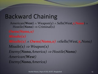 Rushdi Shams, Dept of CSE, KUET, Bangladesh 73
Backward Chaining
American(West) ∧ Weapon(y) ∧ Sells(West,y,Nono) ∧
Hostile(Nono) ⇒ Criminal(x)
Owns(Nono,x)
Missile(x)
Missile(x) ∧ Owns(Nono,x) ⇒Sells(West,x,Nono)
Missile(x) ⇒ Weapon(x)
Enemy(Nono,America) ⇒ Hostile(Nono)
American(West)
Enemy(Nono,America)
 