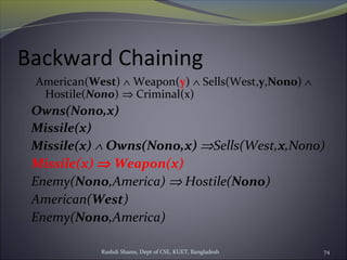 Rushdi Shams, Dept of CSE, KUET, Bangladesh 74
Backward Chaining
American(West) ∧ Weapon(y) ∧ Sells(West,y,Nono) ∧
Hostile(Nono) ⇒ Criminal(x)
Owns(Nono,x)
Missile(x)
Missile(x) ∧ Owns(Nono,x) ⇒Sells(West,x,Nono)
Missile(x) ⇒ Weapon(x)
Enemy(Nono,America) ⇒ Hostile(Nono)
American(West)
Enemy(Nono,America)
 