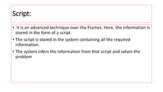 Script:
• It is an advanced technique over the Frames. Here, the information is
stored in the form of a script.
• The script is stored in the system containing all the required
information.
• The system infers the information from that script and solves the
problem
 