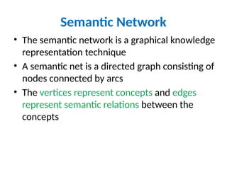Semantic Network
• The semantic network is a graphical knowledge
representation technique
• A semantic net is a directed graph consisting of
nodes connected by arcs
• The vertices represent concepts and edges
represent semantic relations between the
concepts
 