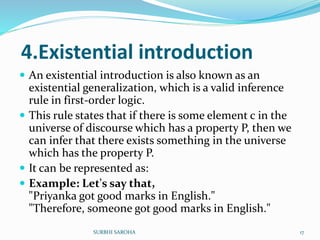 4.Existential introduction
 An existential introduction is also known as an
existential generalization, which is a valid inference
rule in first-order logic.
 This rule states that if there is some element c in the
universe of discourse which has a property P, then we
can infer that there exists something in the universe
which has the property P.
 It can be represented as:
 Example: Let's say that,
"Priyanka got good marks in English."
"Therefore, someone got good marks in English."
17SURBHI SAROHA
 