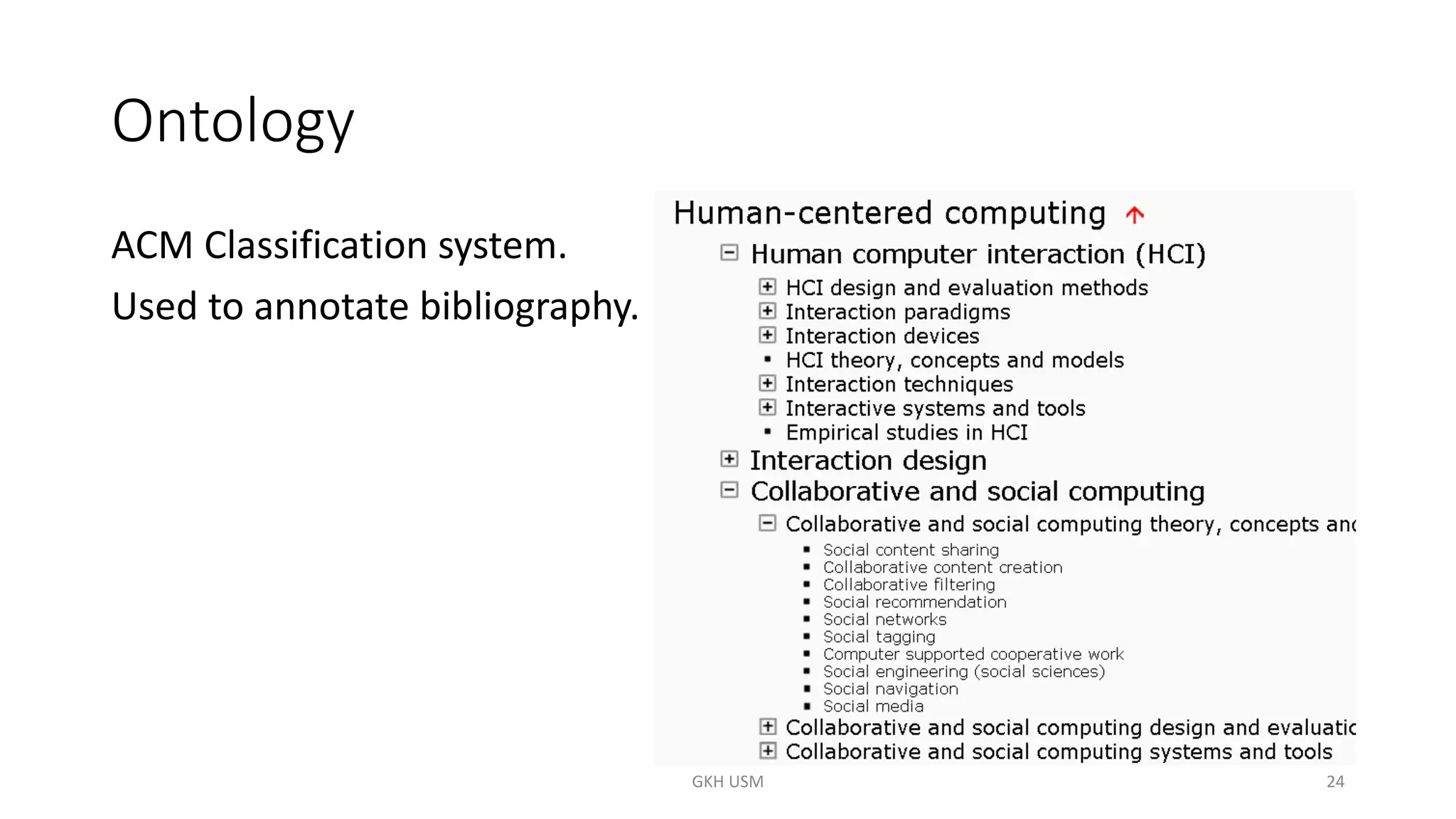 Ontology
ACM Classification system.
Used to annotate bibliography.
24
GKH USM
 
