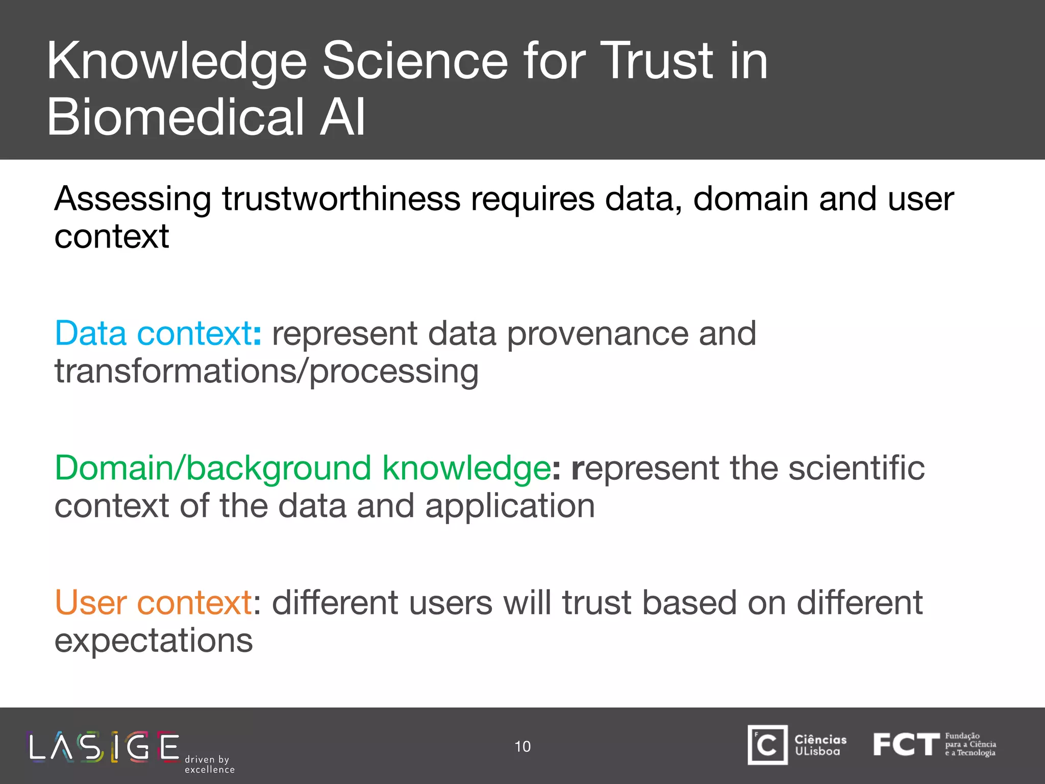 Knowledge Science for Trust in
Biomedical AI
Assessing trustworthiness requires data, domain and user
context
Data context: represent data provenance and
transformations/processing
Domain/background knowledge: represent the scientiﬁc
context of the data and application
User context: diﬀerent users will trust based on diﬀerent
expectations
10
 