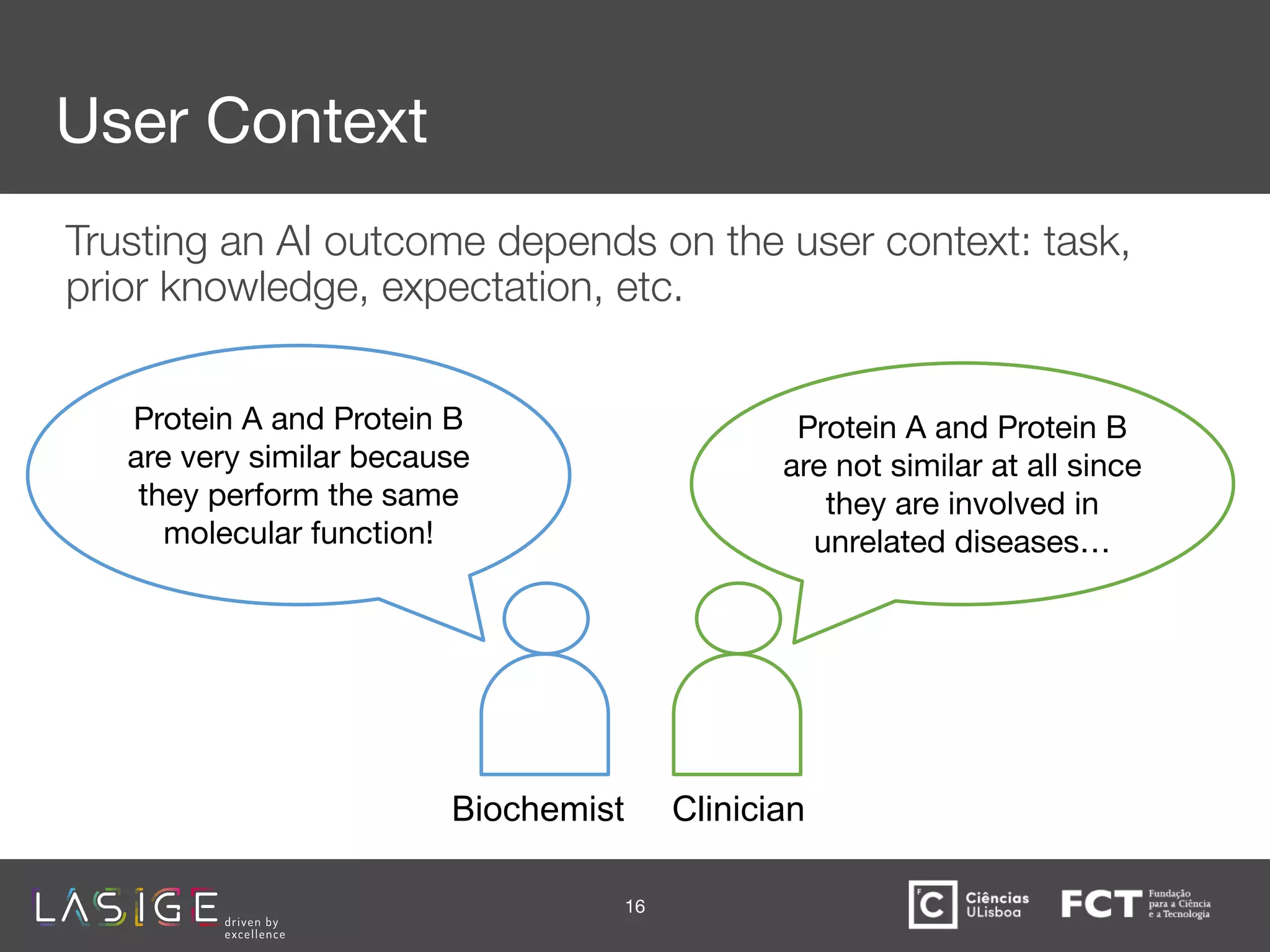 User Context
Trusting an AI outcome depends on the user context: task,
prior knowledge, expectation, etc.
16
Protein A and Protein B
are not similar at all since
they are involved in
unrelated diseases…
Protein A and Protein B
are very similar because
they perform the same
molecular function!
Biochemist Clinician
 