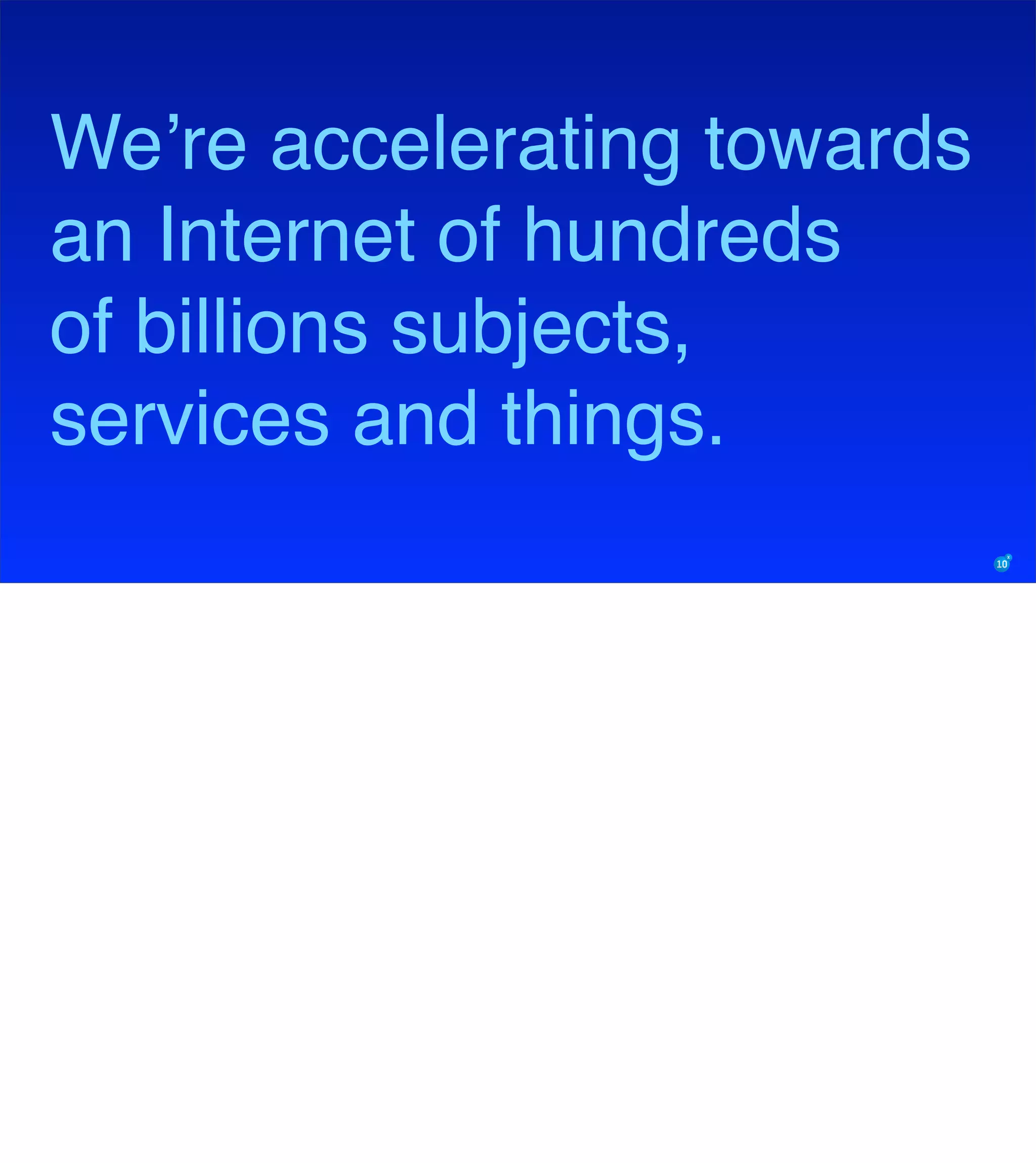 We’re accelerating towards
an Internet of hundreds
of billions subjects,
services and things.
 