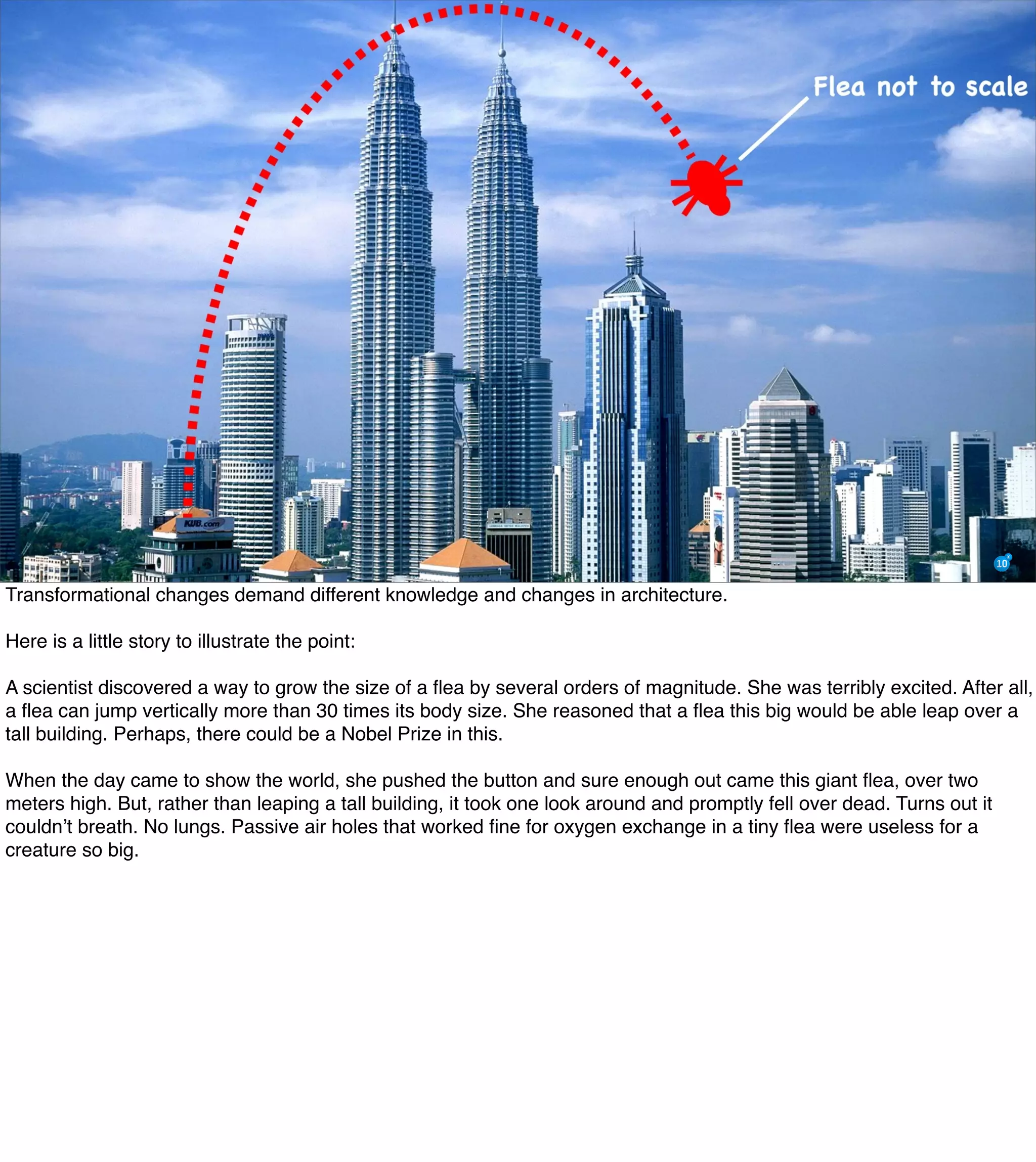 The Mission of Knowledge Science is Transformation 4
Transformational changes demand different knowledge and changes in architecture.
Here is a little story to illustrate the point:
A scientist discovered a way to grow the size of a ﬂea by several orders of magnitude. She was terribly excited. After all,
a ﬂea can jump vertically more than 30 times its body size. She reasoned that a ﬂea this big would be able leap over a
tall building. Perhaps, there could be a Nobel Prize in this.
When the day came to show the world, she pushed the button and sure enough out came this giant ﬂea, over two
meters high. But, rather than leaping a tall building, it took one look around and promptly fell over dead. Turns out it
couldn’t breath. No lungs. Passive air holes that worked ﬁne for oxygen exchange in a tiny ﬂea were useless for a
creature so big.
 